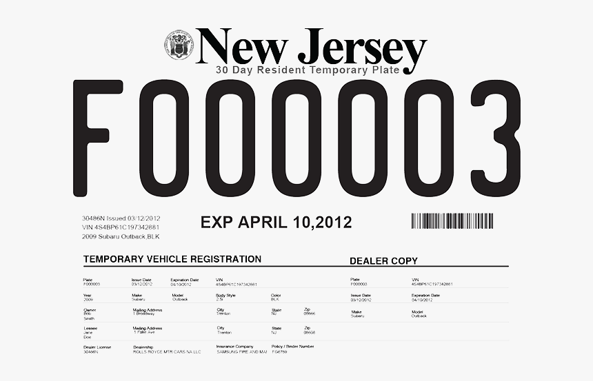 New Jersey Temporary Plate, HD Png Download, Free Download