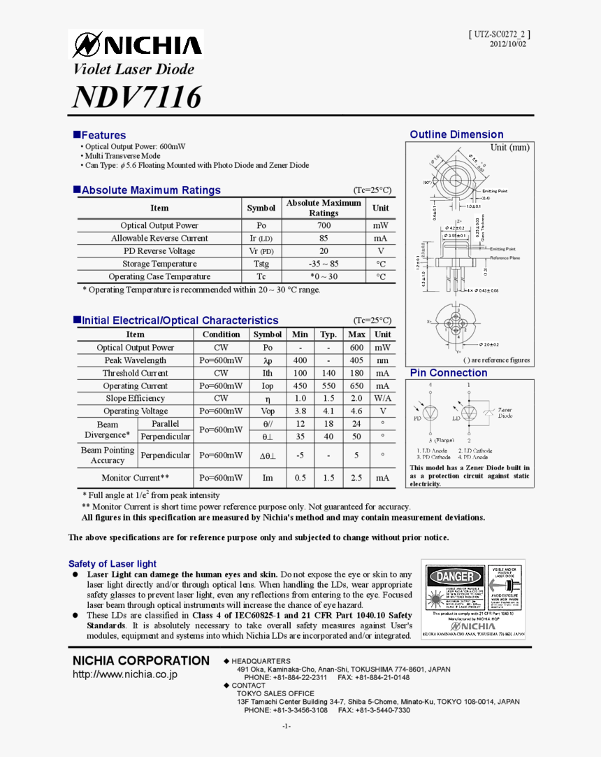 400nm 405nm 600mw To Can Nichia - Nichia Laser Diode Type, HD Png Download, Free Download