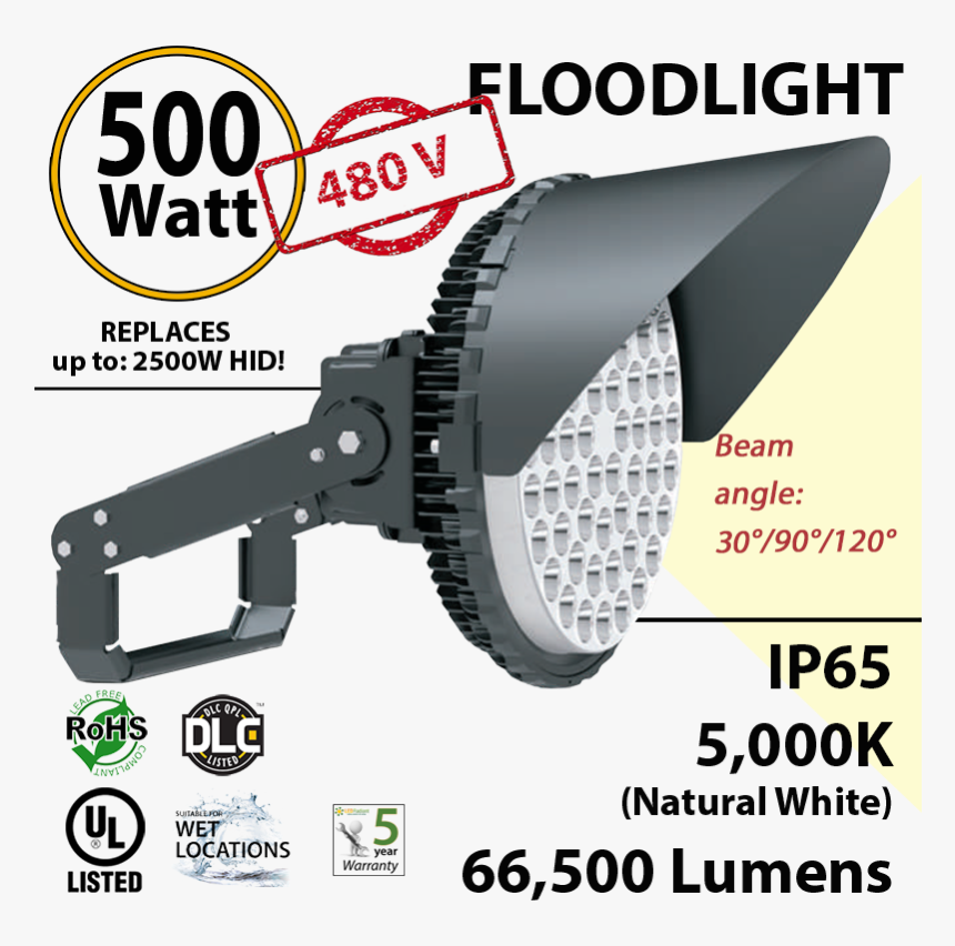 500w Led Stadium Floodlight 480 Volts 66500 Lumens - 10 Watts Led Illumination Radius, HD Png Download, Free Download