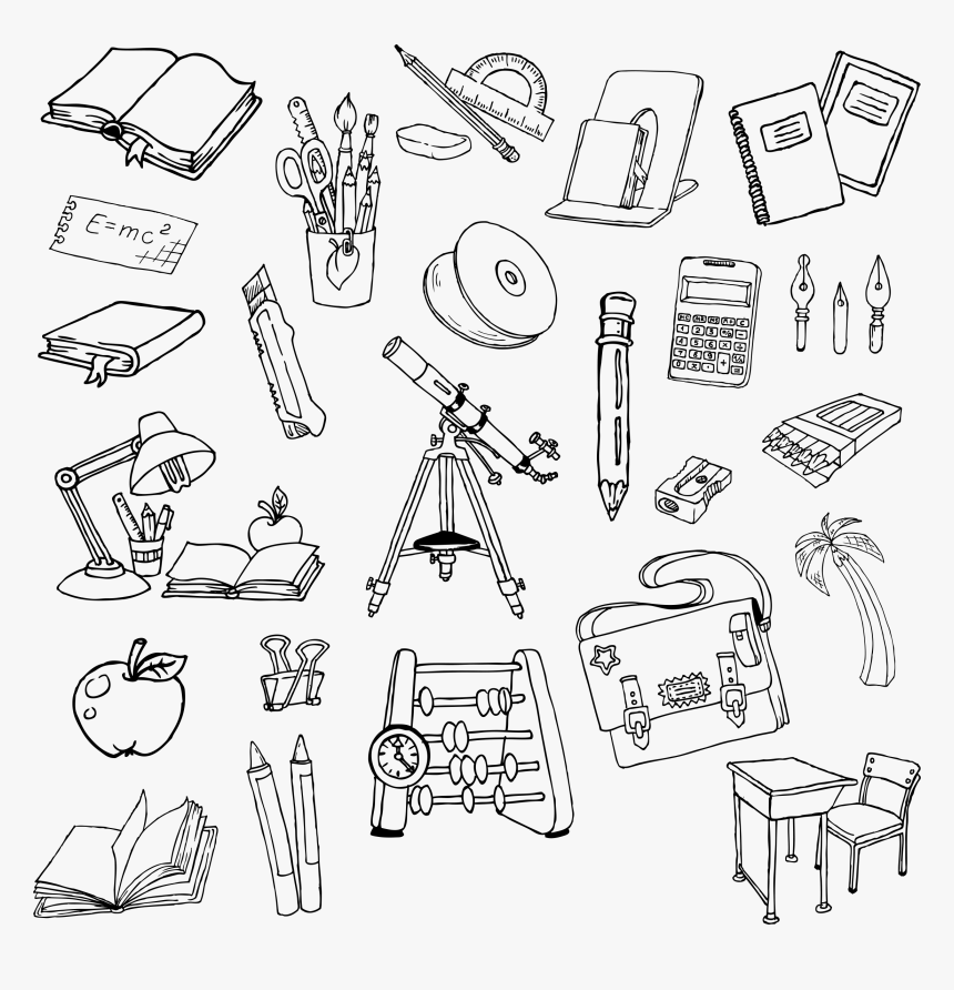 School Painted Pen Artwork Stationery Supplies Cartoon - School Supplies In Black And Wite, HD Png Download, Free Download