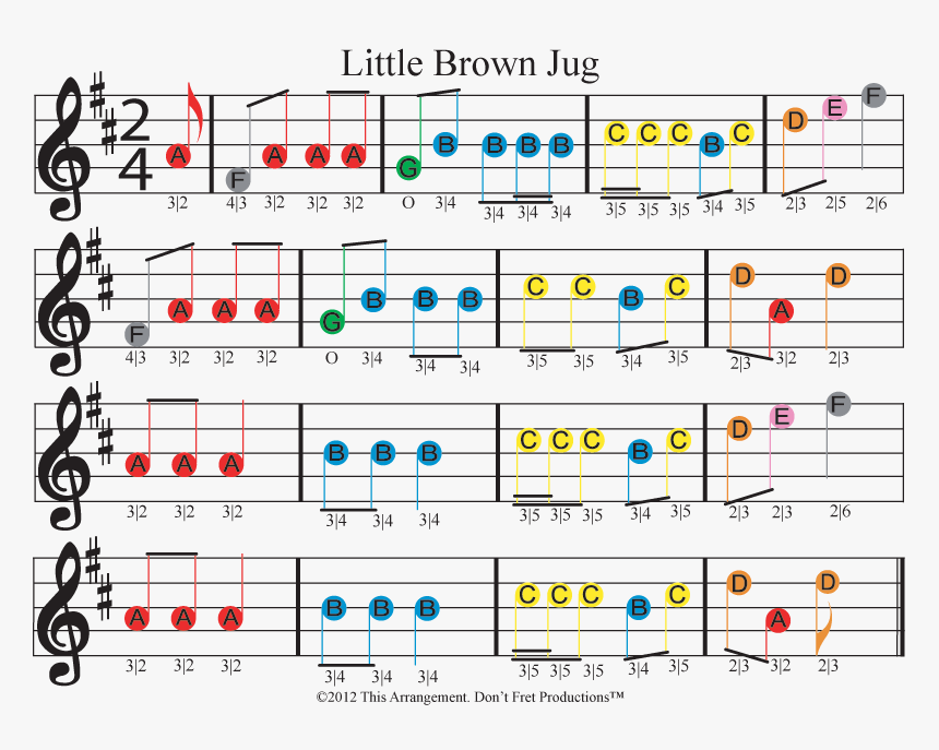 Color Coded Beginner Guitar Sheet Music For Little - Little Brown Jug Piano Letters, HD Png Download, Free Download