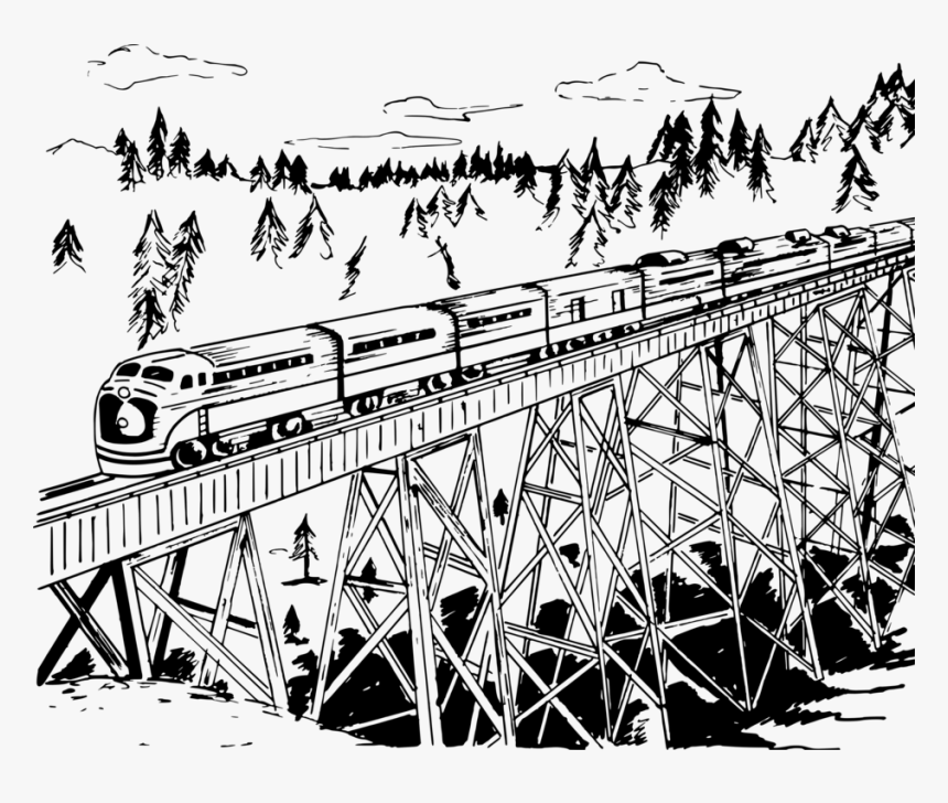 Line Art,angle,art - Railway Track On A Bridge Drawing, HD Png Download, Free Download