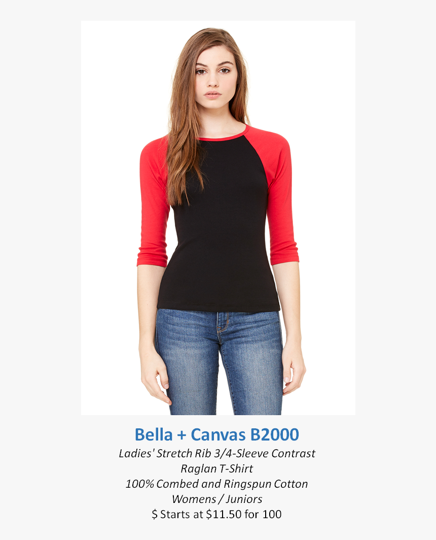 Bella Canvas B2000 - Red 3 4 Sleeve Shirt Womens, HD Png Download, Free Download