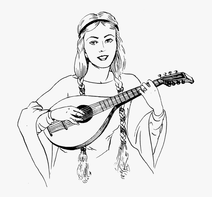 Lute, Musical, Instrument, Woman, Playing, Music, Play - Playing Lute Drawing, HD Png Download, Free Download