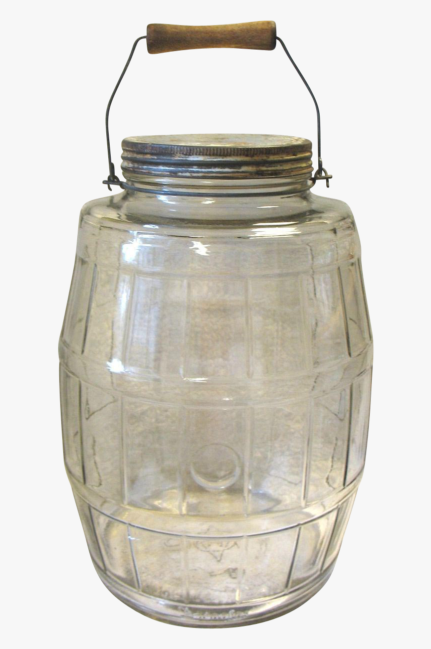 Big Vintage Glass Pickle Barrel Jar Bale Wood Handle - Wooden Handle Glass Jar, HD Png Download, Free Download