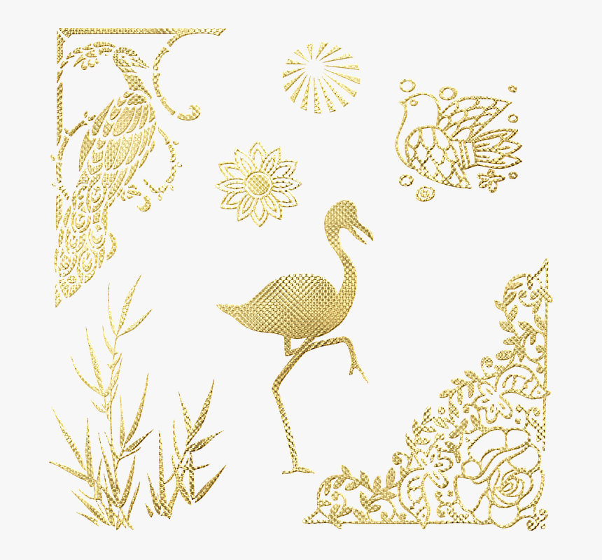 Flamingo, Peacock, Gold Foil, Bird, Corner, Bamboo - Illustration, HD Png Download, Free Download