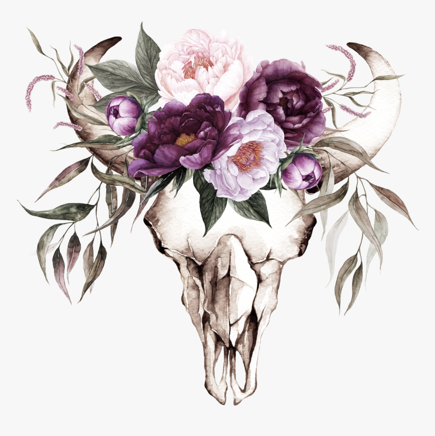 Cow Skull With Purple Flowers Transfer - Longhorn Skull With Flowers, HD Png Download, Free Download