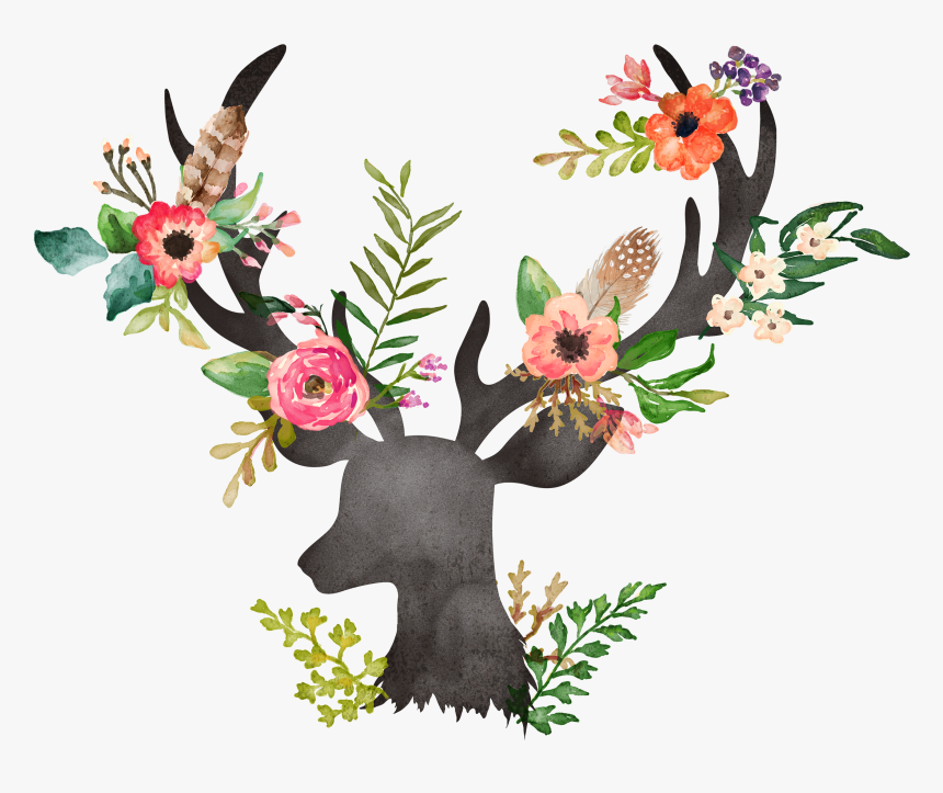 Deer Flower Painting Watercolor Painting Drawing - Watercolor Flowers With Deer, HD Png Download, Free Download