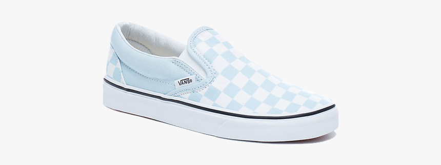 light blue slip on vans with checkered stripe