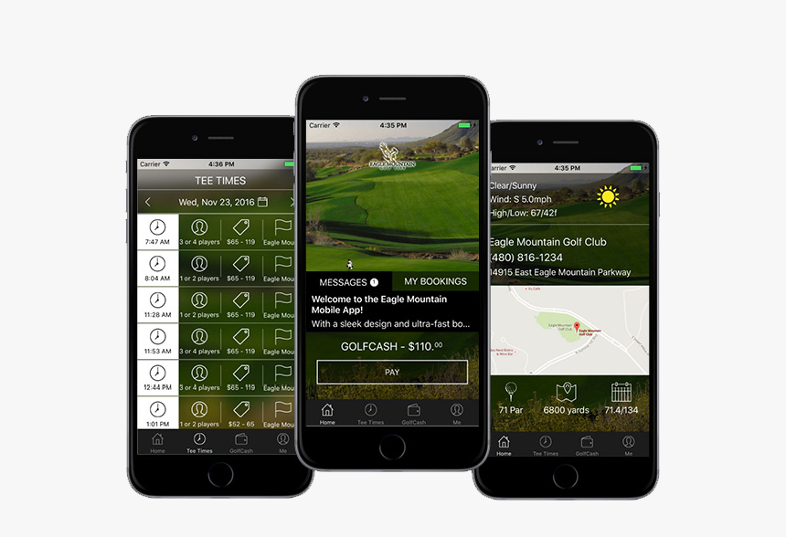 An Image Depicting Three Phone Screens Displaying Various - Golf Tee Time App, HD Png Download, Free Download