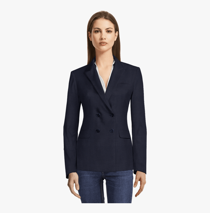 Premium Navy Blue Dobby Double Breasted Blazer-view - Double Breasted Blazer Green Women, HD Png Download, Free Download