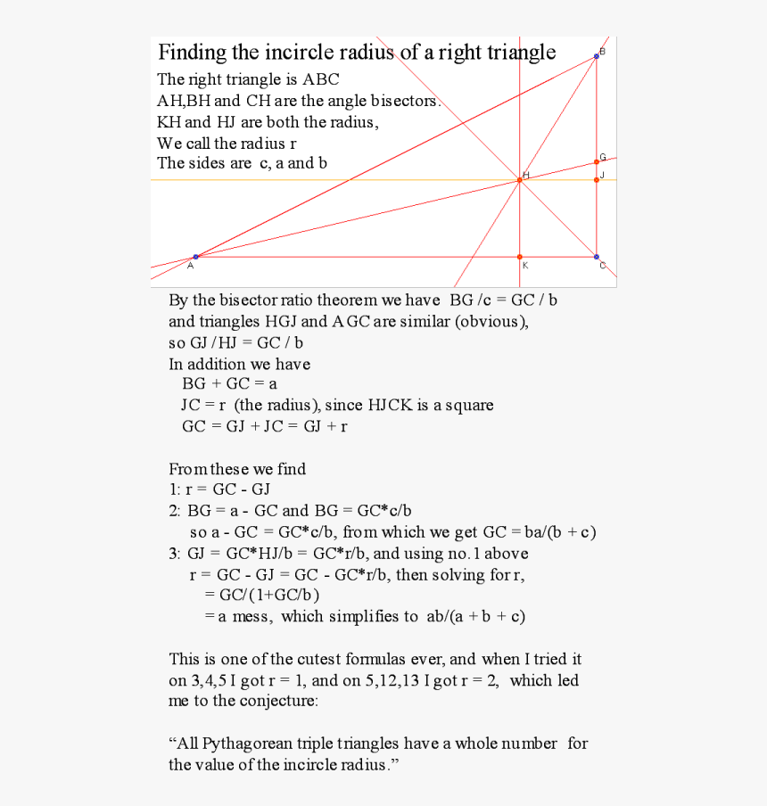 Incircle Radius With Text - Incircle Of Right Angled Triangle Proof, HD Png Download, Free Download