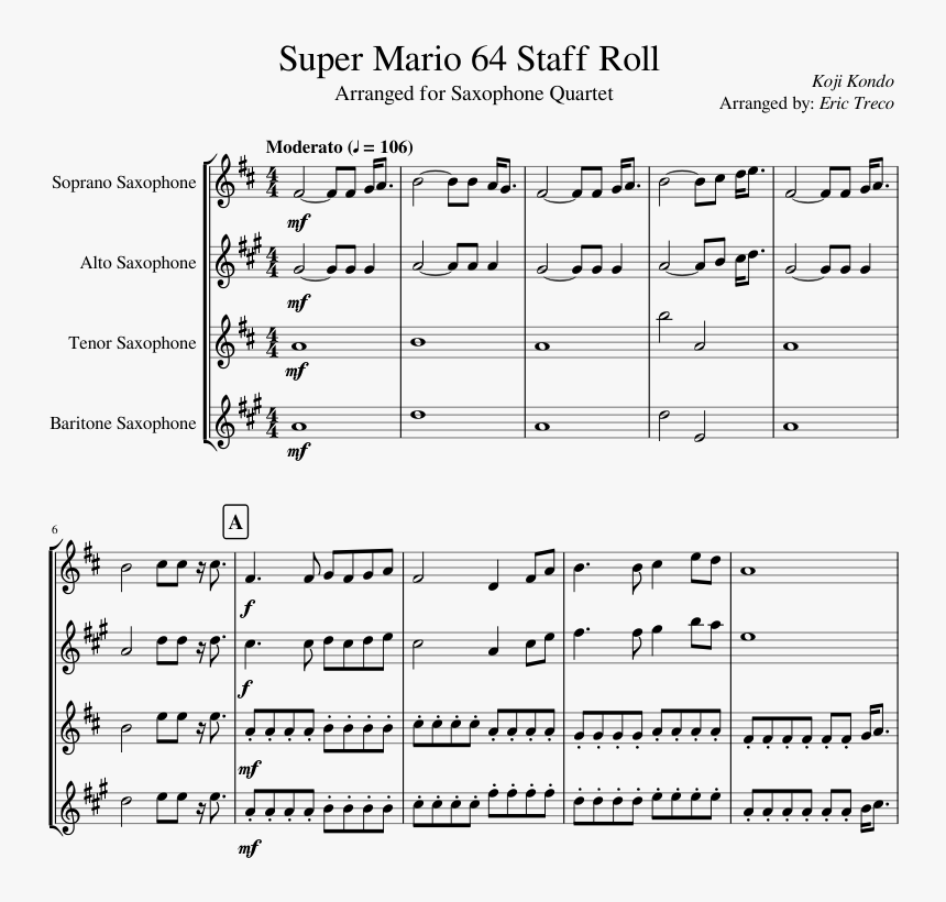 Super Mario 64 Staff Roll Sheet Music Composed By Koji - Mario Saxophone Quartet Music, HD Png Download, Free Download