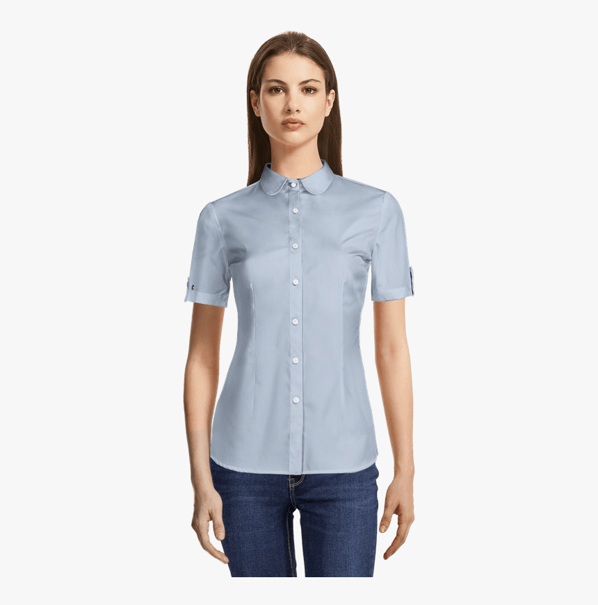 Sky Blue Short Sleeved Lady Collar Cotton Blend Shirt-view - Custom Tailored Women Dress With 3 4 Sleeve, HD Png Download, Free Download