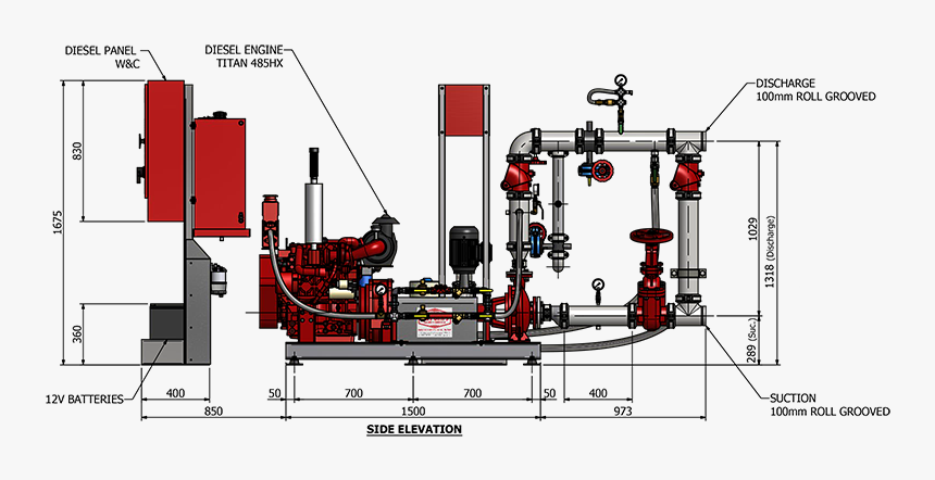 Diesel Fire Hydrant Drawing Side - Parts Of A Fire Pump System, HD Png Download, Free Download