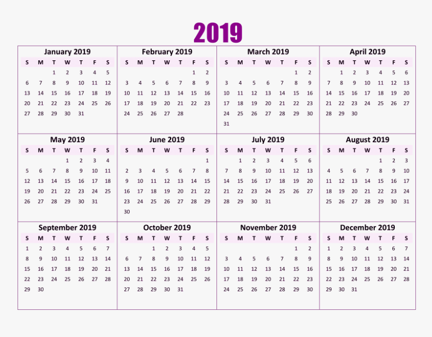 Download 2019 Calendar Png Wallpaper Png Images Background - 12 Month Free Printable Calendar 2019, Transparent Png, Free Download