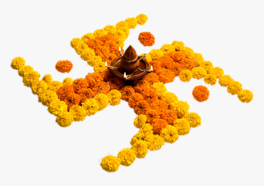 Swastik Design Rangoli - Rangoli With Marigold Flowers, HD Png Download, Free Download