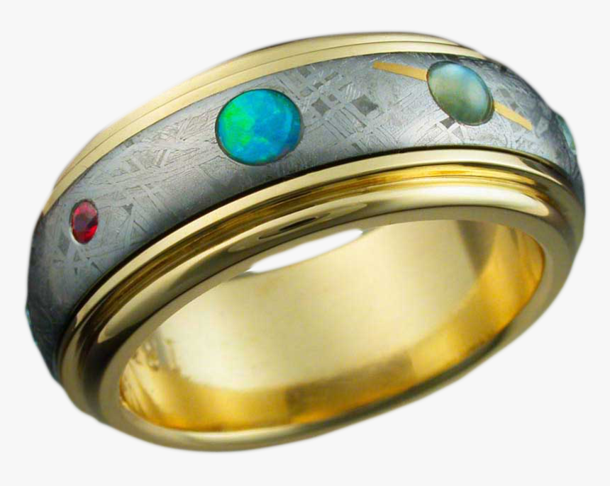 18k Gold Nine Planets Ring With Meteorite Gemstones - Mens Wedding Bands Space, HD Png Download, Free Download