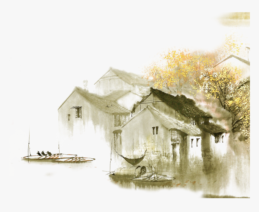 Dwelling In The Fuchun Mountains Jiangnan Ink Wash - Chinese Mountains And House Painting, HD Png Download, Free Download