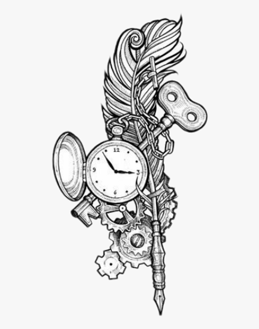 Feather Feathertattoo Pocketwatch Key Tattoodesign - Steampunk Tattoo Sketch, HD Png Download, Free Download