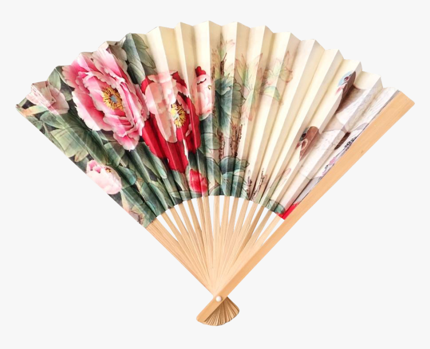 Vintage Bamboo Hand Fan With Exotic Print Of Peonies, - Vintage Hand Fan Png, Transparent Png, Free Download