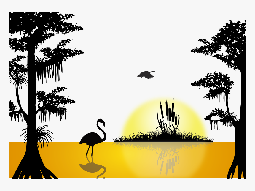 Transparent Sunset Clip Art - Swamp Scene Silhouette, HD Png Download, Free Download