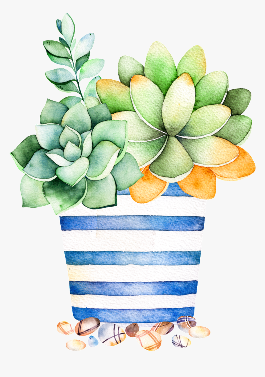 Blue Striped Flower Pot Cartoon Transparent - Watercolor Cactus And Succulent, HD Png Download, Free Download