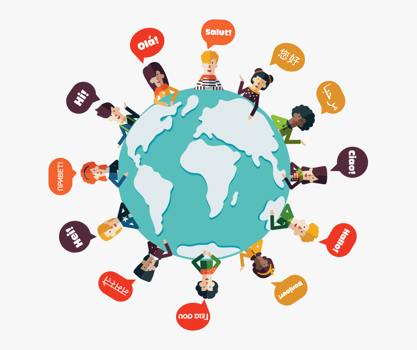 Cartoon People Around The Edge Of A Globe With Speech - Language Is The Key To The World, HD Png Download, Free Download