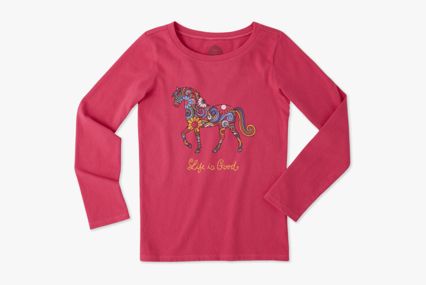 Girls Flower Swirl Horse Long Sleeve Crusher Tee - Long-sleeved T-shirt, HD Png Download, Free Download