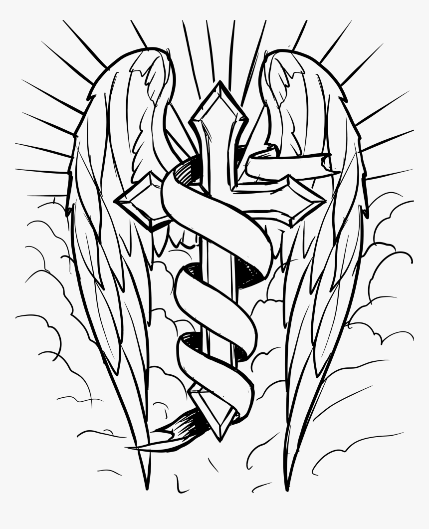 Drawing Detail Cloud - Cross With Wings Drawing, HD Png Download, Free Download