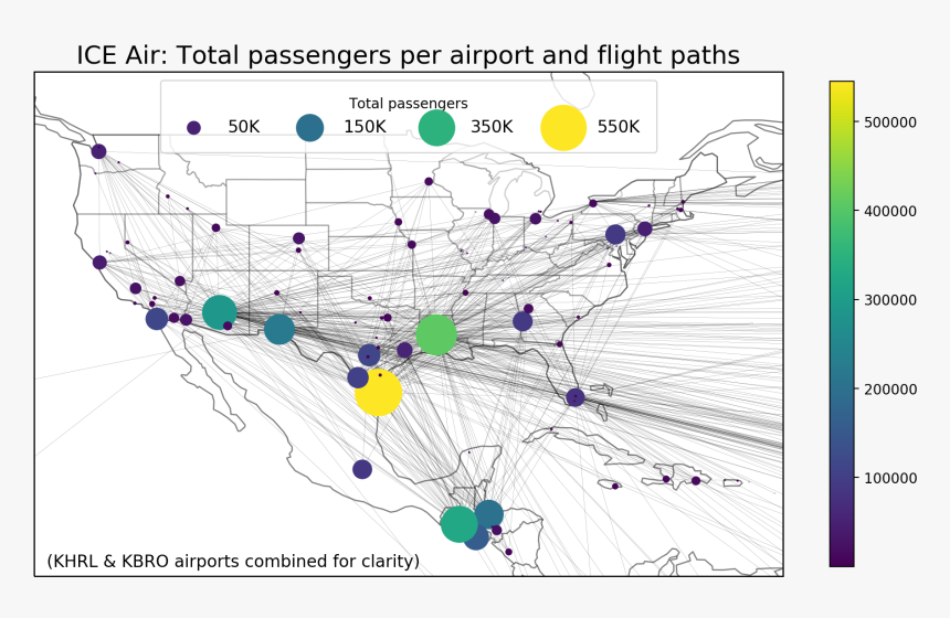 Ice Air Total Passengers Per Airport And Flight Paths - Map Of Us Airports By Flight Volume, HD Png Download, Free Download