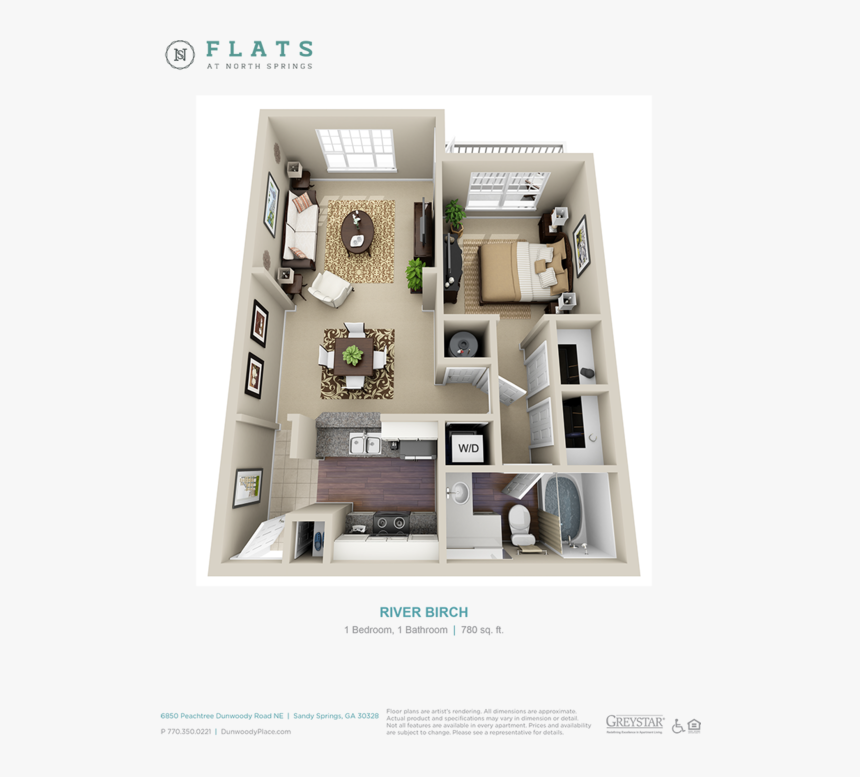 The Flats At North Springs - 3d Floor Plan With Study Desk, HD Png Download, Free Download