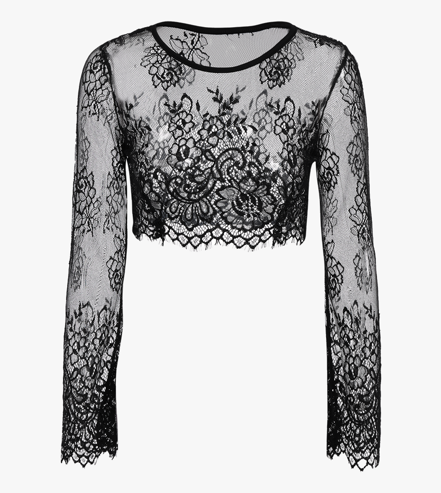 Black Lace Long Sleeve See-through Crop Top $14, HD Png Download, Free Download