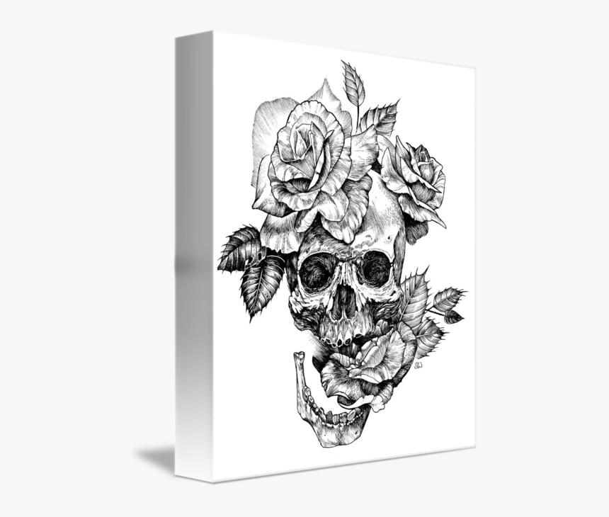"ink Skull And Roses - Skull With Flowers Drawing, HD Png Download, Free Download