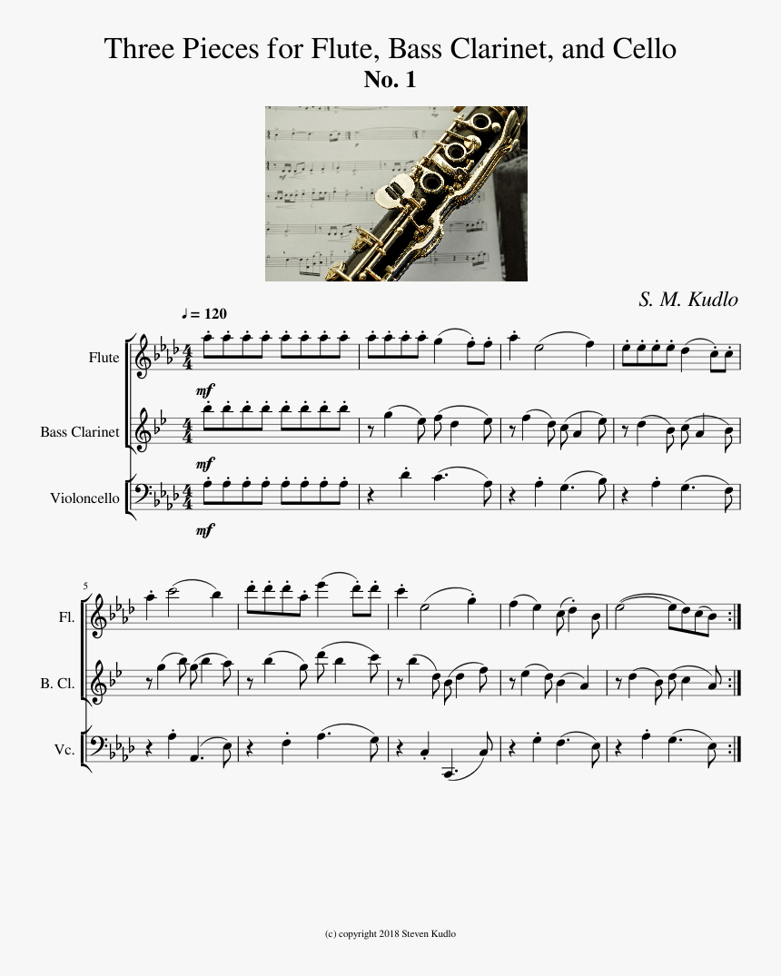 Three Pieces For Flute, Bass Clarinet, And Cello - Sheet Music, HD Png Download, Free Download
