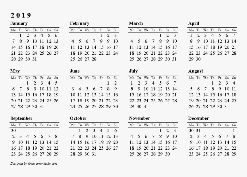 2019 Calendar Transparent Images Png - 2019 Calendar Monday To Sunday, Png Download, Free Download