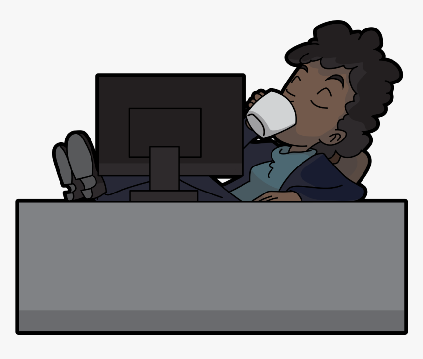 Black Cartoon Woman Drinking Coffee While Using A Computer - Computer With Coffee Cartoon, HD Png Download, Free Download