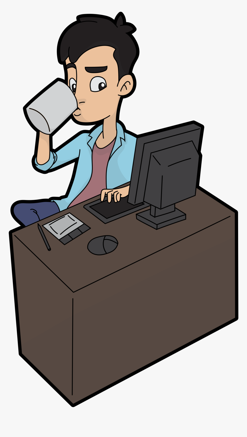 Cartoon Guy Drinks While Using A Computer Clipart , - Guy On Computer Cartoon, HD Png Download, Free Download