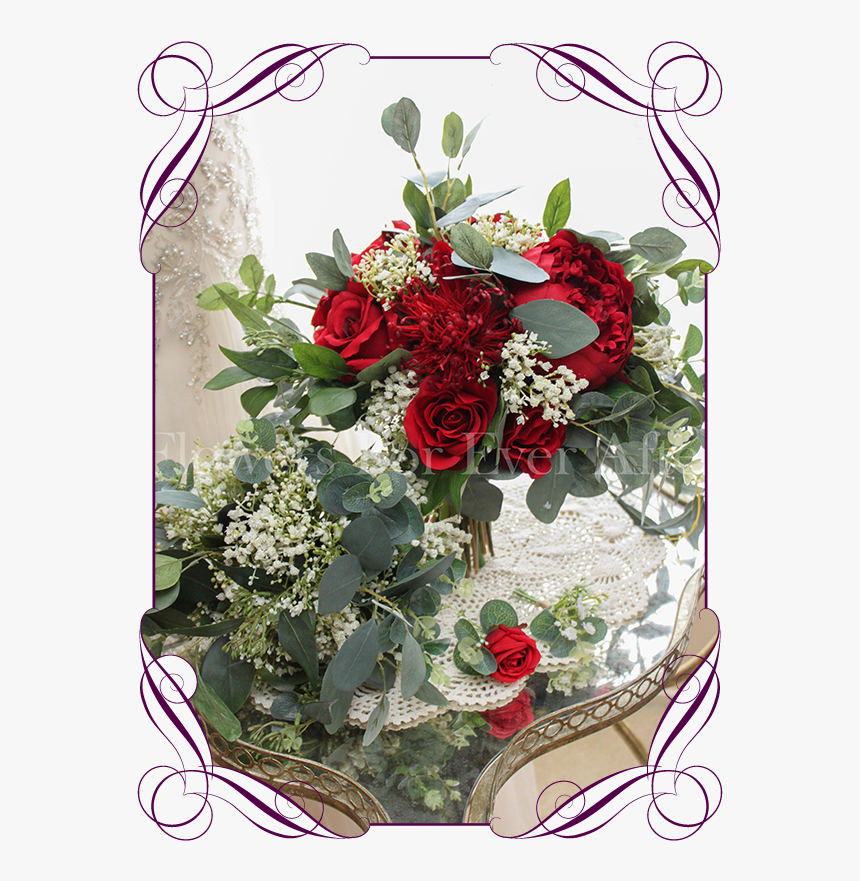 Silk Artificial Bridal Wedding Bouquet Posy Package - Red Peonies Babys Breath, HD Png Download, Free Download