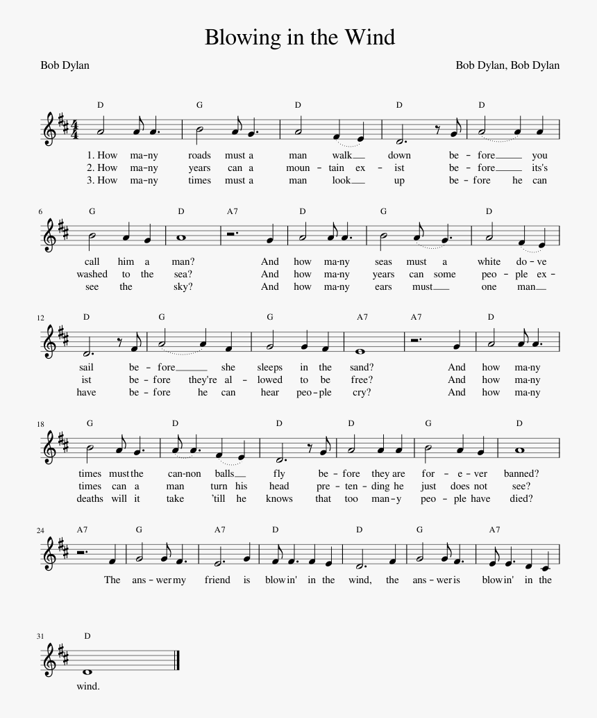 Blowing In The Wind Sheet Music Composed By Bob Dylan Blowing In The Wind Flute Sheet Music Hd Png Download Kindpng