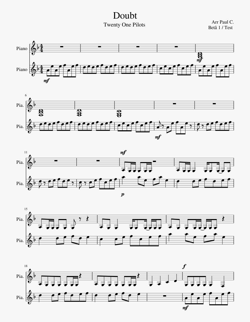 Doubt Twenty One Pilots Piano Sheet Music, HD Png Download, Free Download