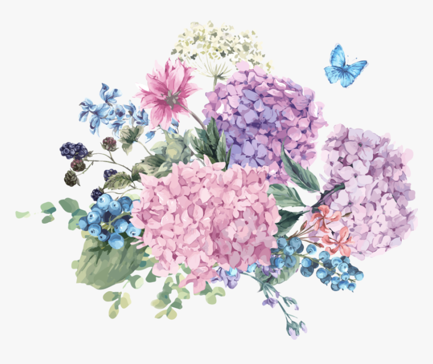 Boquet Bouquet Watercolor Watercolour Flowers Flower - Hydrangea Flowers Water Color, HD Png Download, Free Download