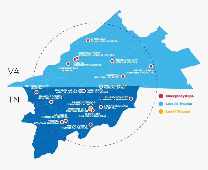 Regional Map Showing Level I Trauma Center In Johnson - Level 1 Trauma Tennessee, HD Png Download, Free Download