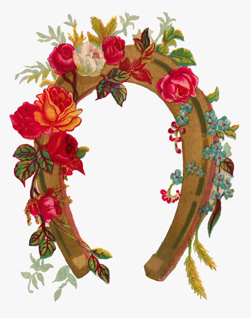 This Is A Lovely Horseshoe Graphic From A Vintage Greeting - Horseshoe With Flowers Clipart, HD Png Download, Free Download