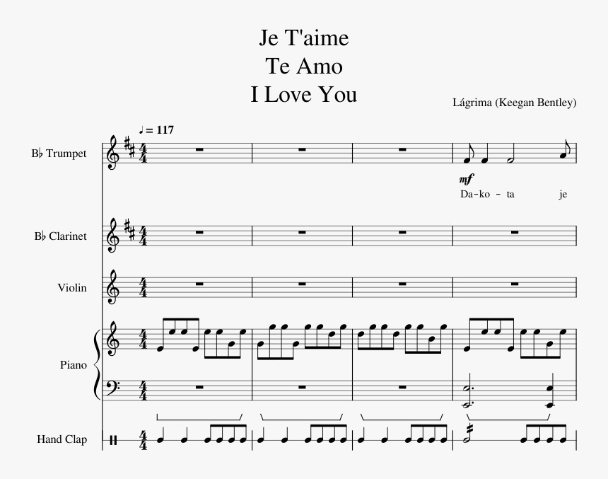 Je T Aime Te Amo I Love You Sheet Music For Clarinet, - Sheet Music, HD Png Download, Free Download