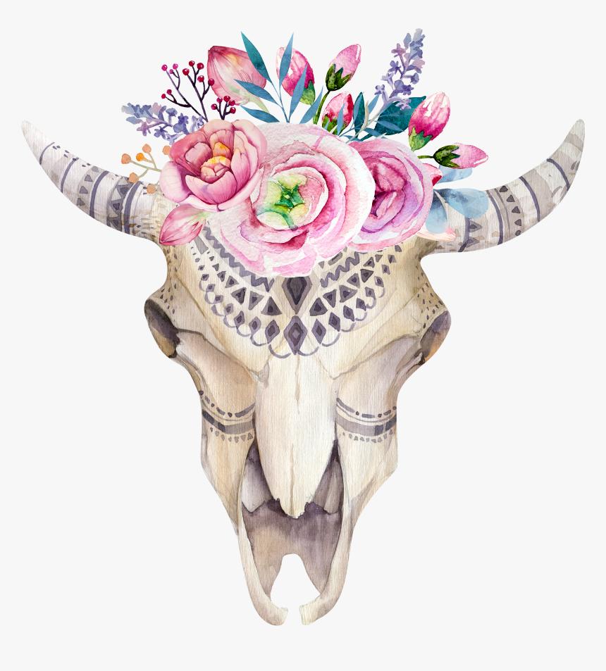 Watercolor Flower Skull Boho-chic Painted Pattern Illustration - Transparent Floral Bull Skull, HD Png Download, Free Download