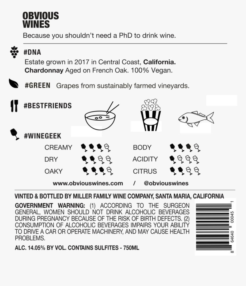 Oaky Label - Obvious Wines Back Label, HD Png Download, Free Download