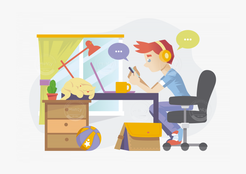 A Freelancer In A Room Working And Texting While A - Cartoon, HD Png Download, Free Download