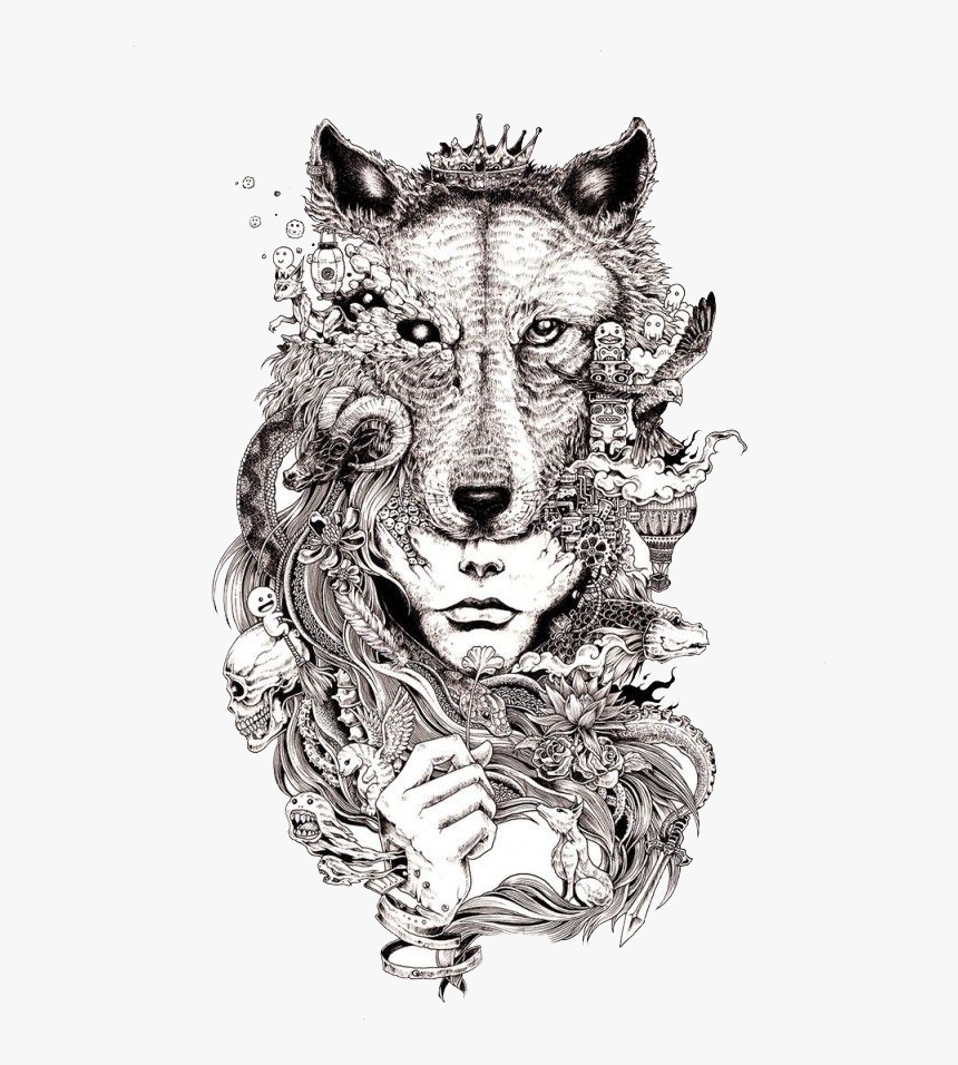 #drawing #tattoo #wolf #mask #cool #design #girl #woman - Kerby Rosanes Wolf, HD Png Download, Free Download