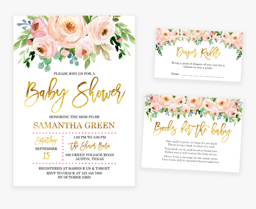 Pink And Gold Floral Baby Shower Invitations, HD Png Download, Free Download